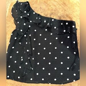 1. State Brand One Shoulder Polka Dot Silky Ruffle Blouse